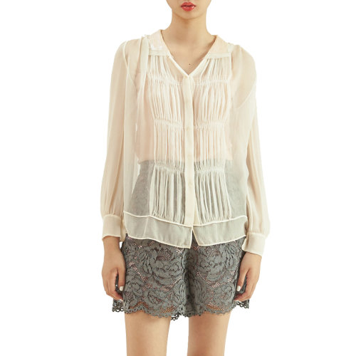 19年春夏款nisiss/怡夕珠片領(lǐng)撞色內(nèi)襯上衣女士長(zhǎng)袖襯衫n123sb11