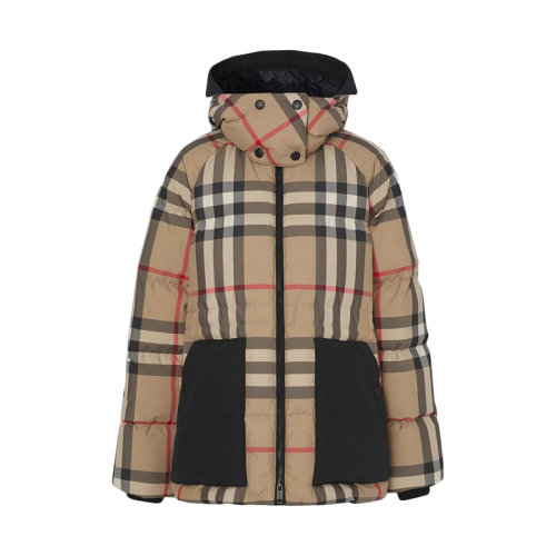 BURBERRY/博柏利      女士典藏米色可拆式連帽格紋再生聚酯纖維羽絨服80459561