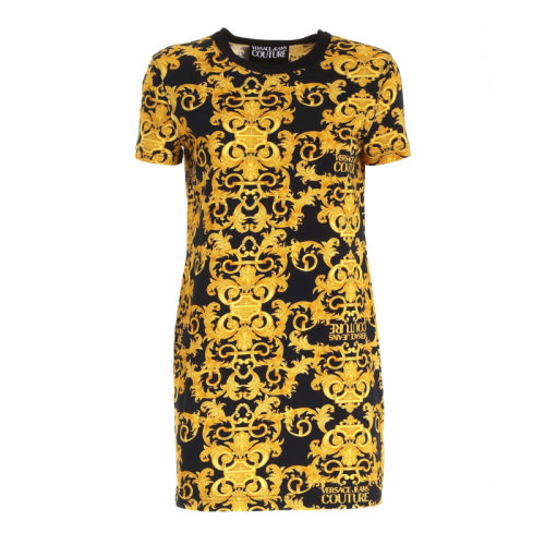 VERSACE JEANS/范思哲牛仔 女士黑金拼色經(jīng)典巴洛克圖案印花裝飾圓領(lǐng)短袖連衣裙 D2HWA401-S0155-899