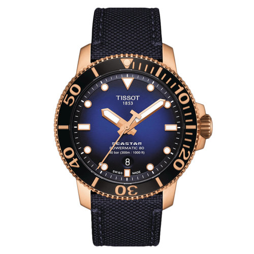 TISSOT/天梭 海星潛水1000系列 男士漸變藍表盤自動機械機芯尼龍表帶和玫瑰金PVD不銹鋼表殼腕表43毫米T120.407.37.041.00