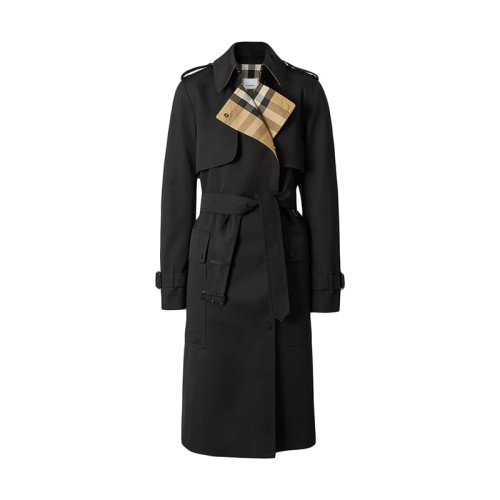 BURBERRY/博柏利      女士黑色格紋裁片棉質(zhì)嘎巴甸T(mén)rench風(fēng)衣80446781