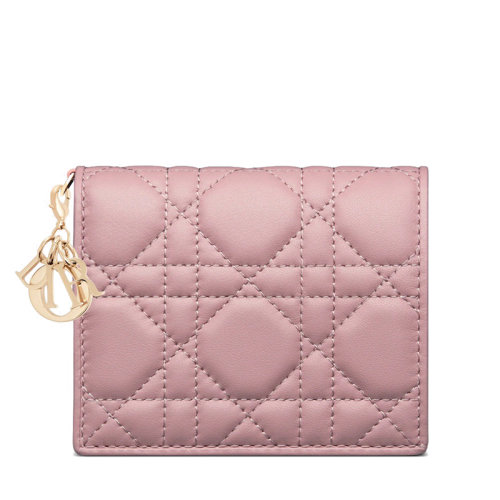 DIOR/迪奧 22新款LADY DIOR系列 女士迷你老粉色藤格紋小羊皮飾徽標字母金扣吊飾翻蓋/拉鏈開合多卡槽卡包錢包S0178ONMJ_M77P