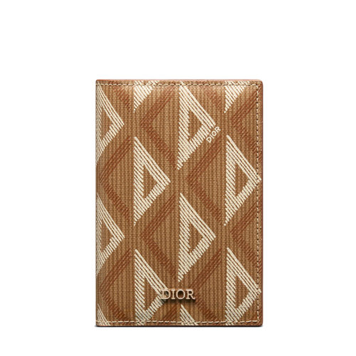 DIOR/迪奧 22春夏新款 男士咖啡色CD Diamond圖案帆布光滑牛皮革雙折卡夾卡包2ESCH138DCO_H24E