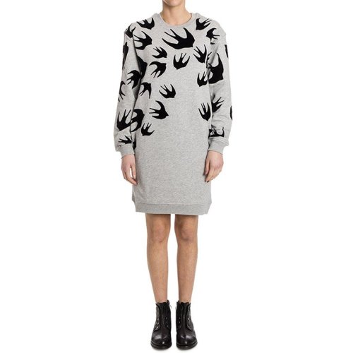 Alexander McQueen/亞歷山大麥昆 淺灰棉質燕子圖案印花長袖女士連衣裙