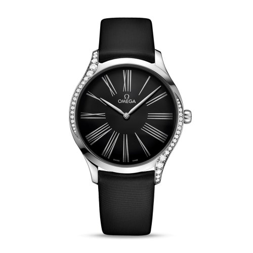 OMEGA/歐米茄 碟飛系列 名典 精鋼 表殼鑲鉆 織面皮帶 石英機(jī)芯 女士腕表 428.17.39.60.01.001
