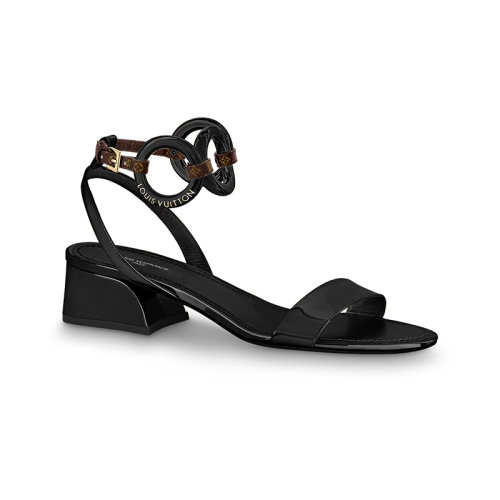 Louis Vuitton/路易威登 22年秋冬新款 VEDETTE系列 女士黑色漆面牛皮革帆布飾帶方跟涼鞋1AA1AP