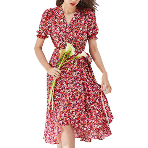 GeleiStory/GeleiStory  春夏新款荷葉邊DV輕熟修身顯瘦人絲碎花連衣裙裹身系帶茶歇裙  女裝＞女士裙裝＞女士連衣裙