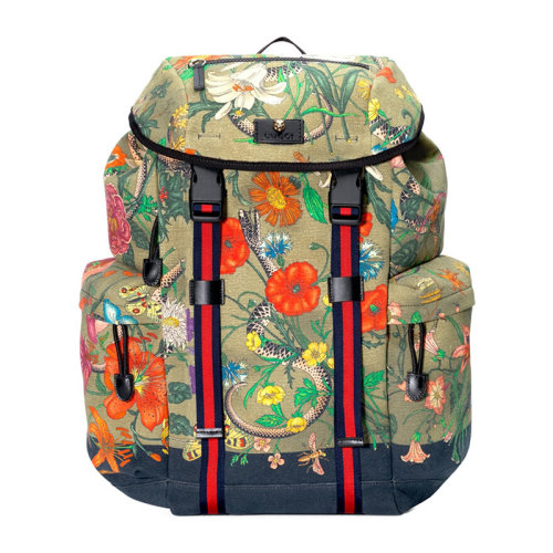 GUCCI/古馳 男士多色拼色帆布經(jīng)典字母徽標花鳥蛇圖案印花裝飾雙肩包手提包旅行包背包男包 429037-9LNAX-3774