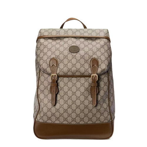 GUCCI/古馳 22春夏新款 男女同款經(jīng)典老花帆布棕色皮革滾邊翻蓋搭扣開合雙肩包背包69601397S9G8405