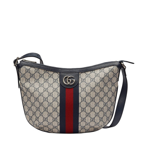 GUCCI/古馳 22春夏新款Ophidia系列 男士小號(hào)米色/藍(lán)色老花帆布配皮革紅藍(lán)織帶銀扣單肩餃子包5981252ZGMN4076