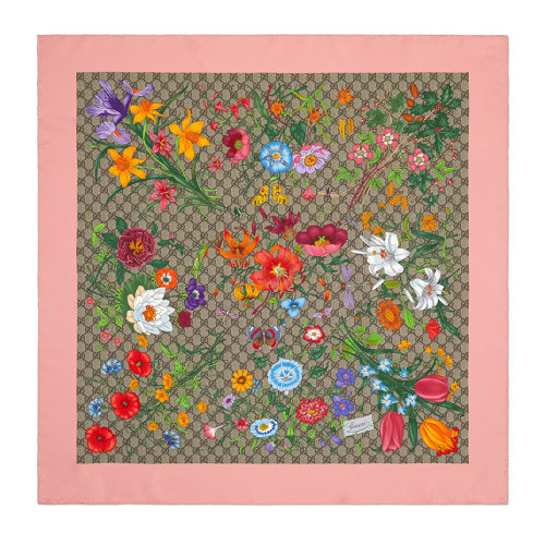GUCCI/古馳女士粉色GG花卉印花真絲圍巾6025853G0019772