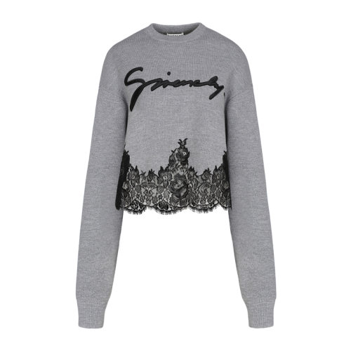 Givenchy/紀梵希 女裝 服裝  灰色羊毛蕾絲花邊短款 女士針織衫/毛衣