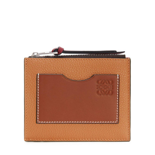 LOEWE/羅意威 21新款 女士淺焦糖色/山核桃色粒面小牛皮徽標(biāo)拉鏈卡包0010526614