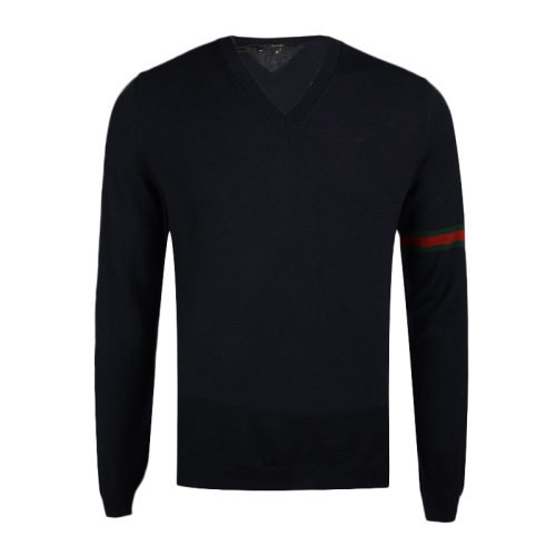 GUCCI 古馳 男士 服裝  V領(lǐng)手臂經(jīng)典條紋標志長袖羊毛毛衣 男士毛衣針織衫