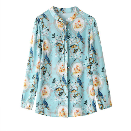 GeleiStory/GeleiStory 春夏新款中年女裝印花真絲襯衫女時尚桑蠶絲洋氣媽媽長袖上衣女裝＞女士襯衫＞女士長袖襯衫