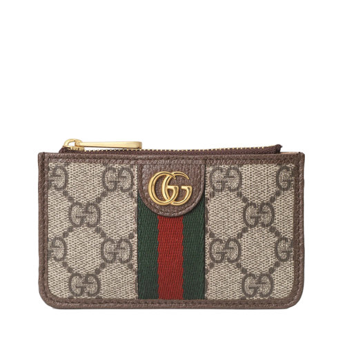 GUCCI/古馳 經(jīng)典Ophidia系列 米色老花帆布棕色皮革飾邊拉鏈卡包?67172396IWG8745