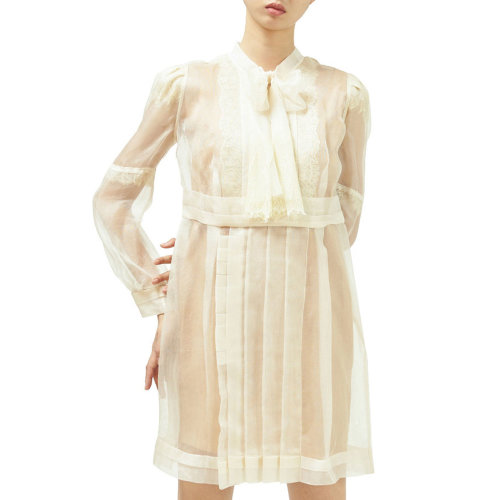 nisiss/怡夕蝴蝶結(jié)領(lǐng)帶蕾絲飾直身連衣裙女士連衣裙N131XO0605