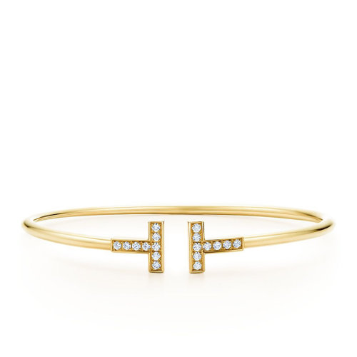 Tiffany & Co./蒂芙尼 經(jīng)典Tiffany T系列 18K金黃金鑲嵌鉆石T形Wire手鐲GRP07784