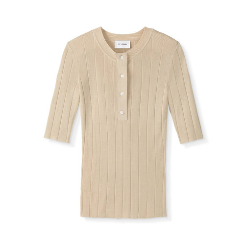 St.John/盛薔21早秋百搭圓領(lǐng)緊身針織短袖打底衫女士短袖T恤K514091