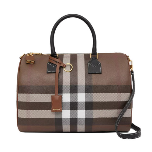 BURBERRY/博柏利 22新款 女士中號(hào)深棕色格紋皮革拉鏈開(kāi)合皮革手柄拆卸調(diào)節(jié)肩帶斜挎單肩手提保齡球包80523481
