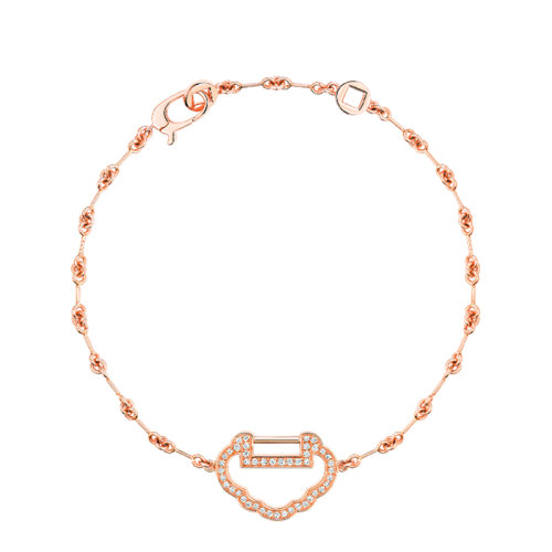 QEELIN/麒麟珠寶 YUYI系列 18K金玫瑰金鑲嵌鉆石小號鏤空如意形狀鏈環(huán)手鏈YY-030-OBL-RGD