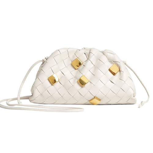 Bottega Veneta/葆蝶家 22新款 女士迷你白色羔羊皮編織皮革黃銅飾面金屬裝飾磁扣開合單肩斜挎包717317V2FX19104