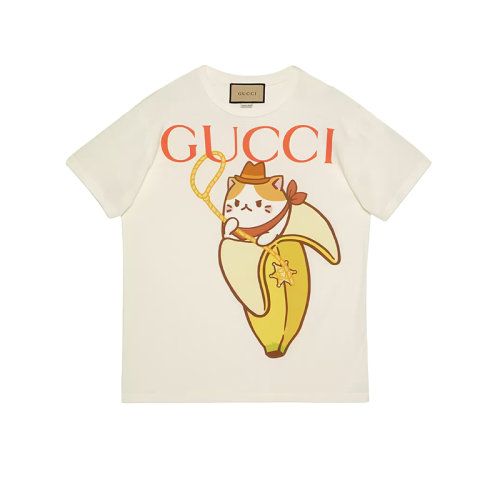 GUCCI/古馳 22年秋冬新款 愛的進(jìn)行曲系列 女士白色純棉Bananya香蕉喵印花短袖T恤615044XJD829095