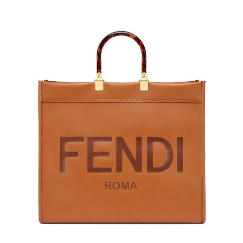 FENDI/芬迪 20 樹脂玳瑁紋手柄棕色皮革手提托特包購物包 8BH372ABVLF0PWZ