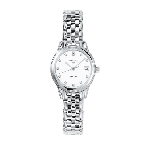 LONGINES/浪琴 軍旗系列 自動(dòng)機(jī)械鑲鉆鋼鏈白色表盤女表26毫米L4.274.4.27.6