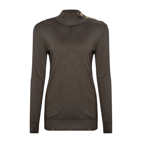 Balmain/巴爾曼 卡其色 女士金屬扣飾高領(lǐng)針織衫毛衣 UF03235K194  秋冬