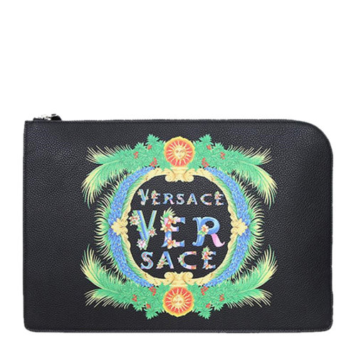 VERSACE/范思哲 男士黑色紋理小牛皮彩色字母徽標印花裝飾拉鏈開合錢夾錢包卡包手拿包男包 DL26137-DVSIG-D41MP
