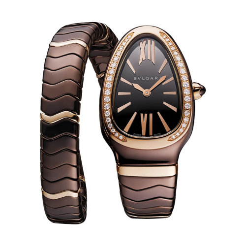 BVLGARI/寶格麗 鑲有鉆石的18K金玫瑰金表圈和棕色陶瓷表帶和表帶 棕色表盤 Serpenti Spiga螺旋形石英手表 35毫米 103060