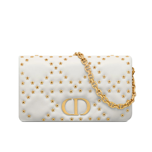 DIOR/迪奧 22新款DIOR CARO系列 女士白色星型圖案藤格紋絎縫小牛皮CD金扣單肩斜跨手拿鏈條包S5135UNHH_M030