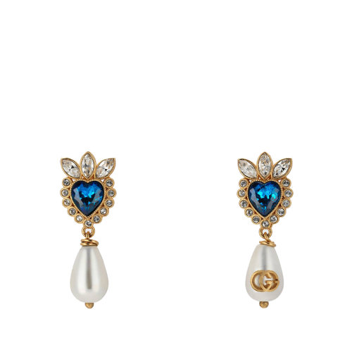 GUCCI/古馳  金色金屬透明水晶和藍色心形多面水晶耳環(huán)661376I63258520