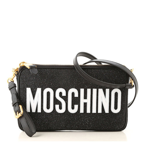 MOSCHINO/莫斯奇諾 女士黑色閃亮小牛皮經(jīng)典字母徽標(biāo)印花拉鏈開合單肩包斜挎包手拿包女包 A7466-8008-2555