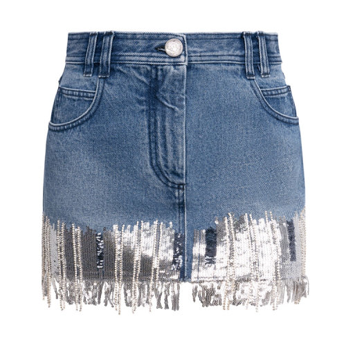 Balmain/巴爾曼 藍(lán)色 女士流蘇裝飾牛仔短裙 TF14016D010  春夏