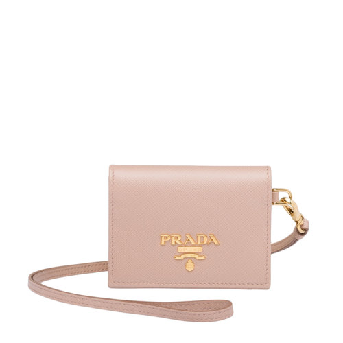 PRADA/普拉達(dá) 22年新款 女士皮粉色皮革金標(biāo)按扣腕帶名片夾1MC006_QWA_F0236