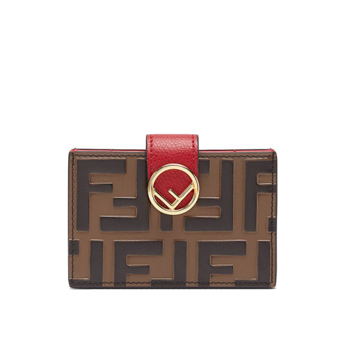 FENDI/芬迪 F is Fendi系列 女士紅色/棕色小牛皮錘紋皮革手繪浮雕FF圖案卡片夾8M0301AAIIF13VJ
