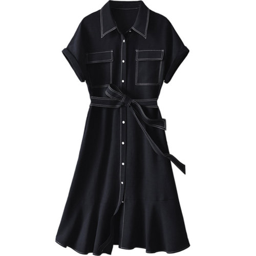 GeleiStory/GeleiStory 夏季新款 明線工裝裙子萊賽爾亞麻連衣裙氣質(zhì)女裝短袖中長(zhǎng)款 女士連衣裙