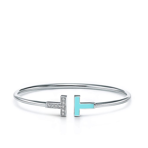 Tiffany & Co.蒂芙尼  Tiffany T Wire系列18k金白金綠松石明亮式切割鉆石手鐲GRP11110