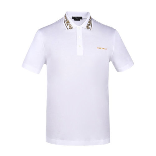 VERSACE/范思哲男士白色棉質(zhì)經(jīng)典字母徽標(biāo)印花裝飾翻領(lǐng)短袖上衣T恤POLO衫 A88694-A237141-A1001