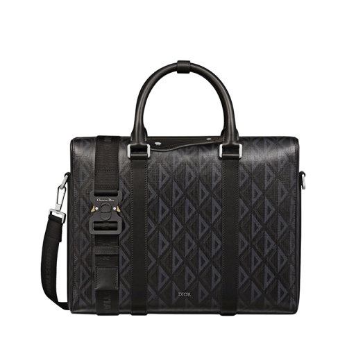 DIOR/迪奧 22春夏新款LINGOT系列 男士黑色CD Diamond圖案帆布光滑牛皮革滾邊單肩斜挎手提公文包電腦包1ADBR088CDP_H43E