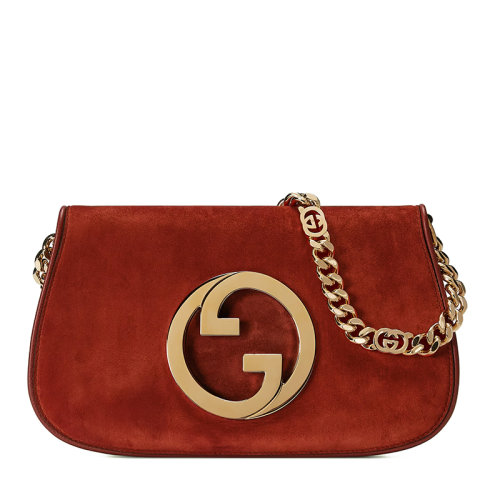 GUCCI/古馳 22新款Blondie系列 女士小號(hào)寶石紅色絨面革圓形徽標(biāo)金扣金鏈單肩斜挎鏈條包?69926817IPG6720