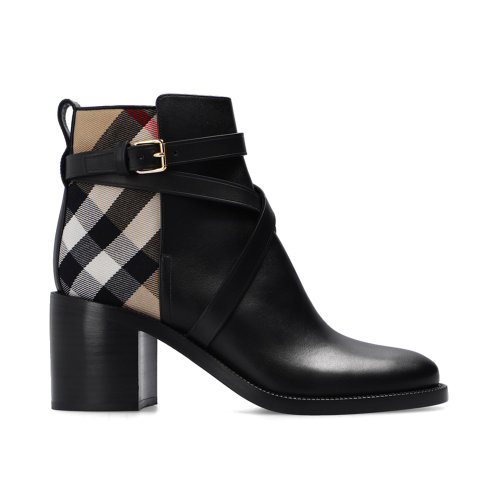 BURBERRY/博柏利 女士黑色小牛皮經(jīng)典格紋裝飾側(cè)扣開合短靴裸靴 8042368