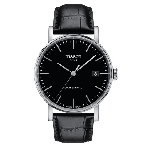 TISSOT/天梭 魅時(shí)系列精鋼表殼黑色皮革表帶男士自動(dòng)機(jī)械腕表 40毫米