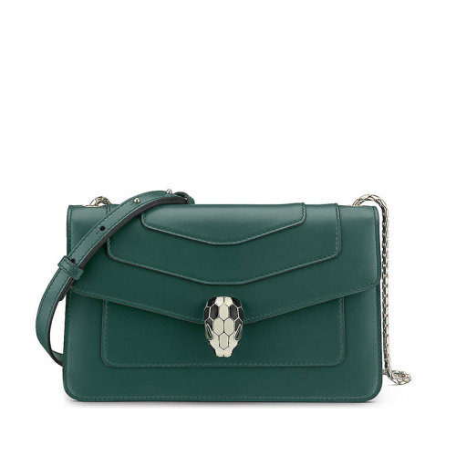 BVLGARI/寶格麗  Serpenti Forever系列 女士綠色皮質(zhì)時(shí)尚蛇頭扣環(huán)翻蓋單肩包 283826