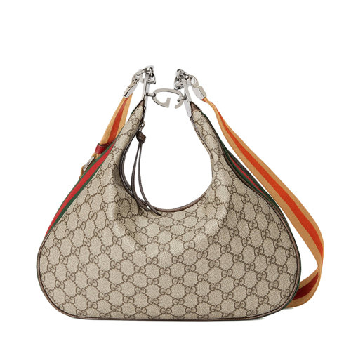 GUCCI/古馳 22新款 男女同款經(jīng)典米色烏木色老花帆布新月造型G鉤扣大號單肩手提包70282396GRN4091