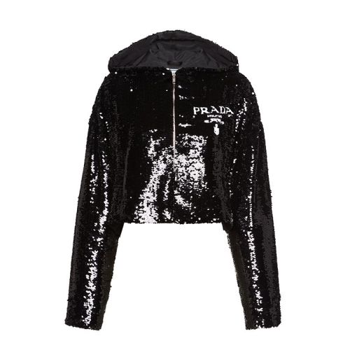 PRADA/普拉達(dá) 22年早春新款 女士黑色亮片雪紡尼龍連帽衫夾克P509MR_1Z5F_F0002_S_221