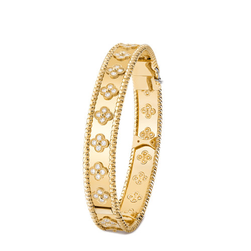 Van Cleef & Arpels/梵克雅寶 Perlée trèfles系列 18K金黃金三葉草圖案鑲嵌80顆鉆石手鐲VCARO3YB00