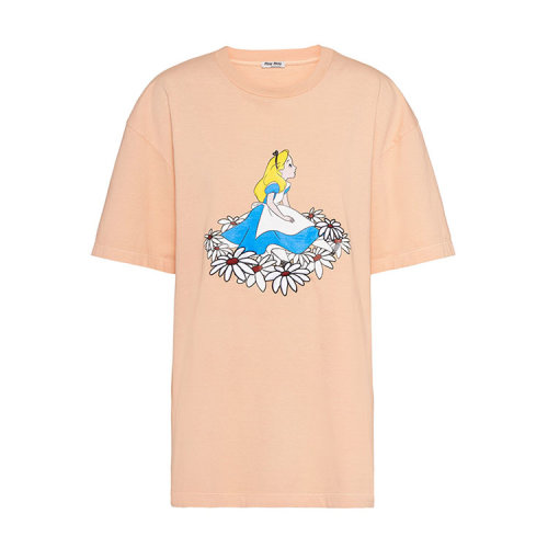 MiuMiu/繆繆 杏色 女士卡通圖案印花短袖T恤 MJN195_1WHU_F0075